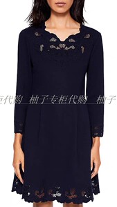 TED BAKER女士长袖圆领镂空短款A字裙显瘦蕾丝小黑裙通勤连衣裙