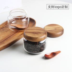 可定制logo木盖小号玻璃储物罐便携迷你茶罐密封罐家用咖啡豆罐子