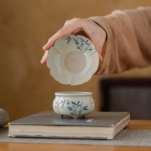 岩香坊草木灰手绘竹子釉下彩茶漏套组陶瓷一体过滤器茶道配件