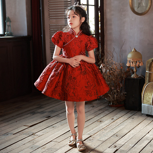 女童红色礼服主持人花童公主裙女孩钢琴演出服儿童生日晚礼服夏款
