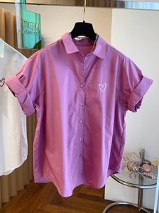 广州十三行设计感小众紫色爱心刺绣衬衫女短袖宽松洋气小衫夏季款