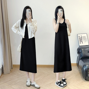 背心裙2024新款夏季女高级感黑色长裙气质通勤无袖螺纹针织连衣裙