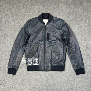 G-STAR JACOR LEATHER BOMBER 深蓝色小立领真皮棒球服皮衣