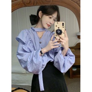 法式紫色衬衫女春秋季2024新款设计感小众灯笼袖内搭衬衣长袖上衣