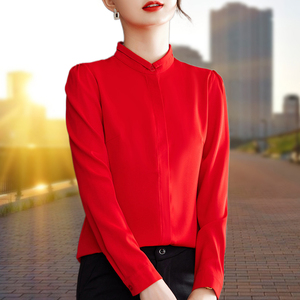 红色衬衫女士长袖2024春款女装新款立领雪纺上衣春日职业打底衬衣