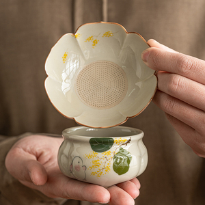 极素手绘金桂月兔茶漏套组家用茶滤网陶瓷茶水分离过滤器茶具配件