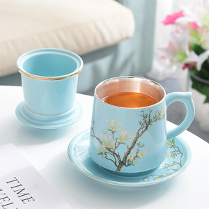 高档陶瓷茶杯茶漏杯办公室泡茶杯个人专用女士茶水分离杯子银水杯