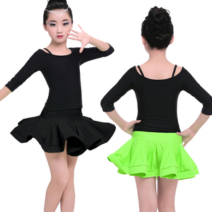 新款儿童拉丁舞蹈服纯黑色吊带中袖舞衣果绿裙女童分体表演服套装