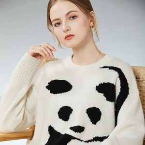 肤墨100%纯山羊绒女加厚圆领提花大熊猫图案针织衫毛衣落肩袖