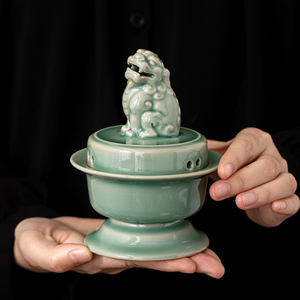 陶瓷梅子青狮子香炉家用室内沉香盘香熏香炉大号茶道定制创意摆件