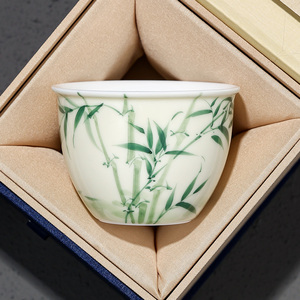 纯手绘翠釉绿竹大缸茶杯个人专用高档陶瓷主人杯2023新款中式茶杯