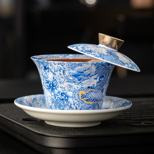 陶瓷银龙可悬停旋转盖碗茶杯家用单个高档三才防烫茶具套装泡茶碗