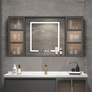 轻奢灰高端玻璃层板带灯智能镜柜浴室卫生间镜带置物架挂墙式单独