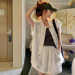 白色时尚衬衫套装女夏季新款韩版减龄小个子马甲短裤休闲两件套潮