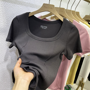 欧货方领露锁骨明线拼接设计感短袖T恤女2024夏季新款螺纹棉上衣