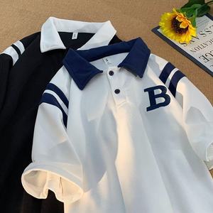 美式棒球服短袖polo衫t恤女夏季高考专用初中生正肩polo领上衣服