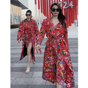 新中式中国风东北大花风衣外套女秋冬中长款红色西装藏式西服套装