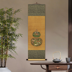 元代陈琳葫芦花瓶图中式客厅书房复古卷轴挂画茶室餐厅过道装饰画