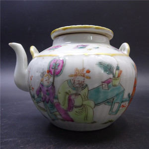 清代瓷器同治粉彩茶壶纯手绘人物图古代陶瓷老古董摆件罐怀旧物品