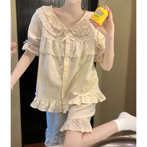 宫廷风全棉睡衣女夏季新款甜美蕾丝娃娃领黄色短袖短裤家居服套装