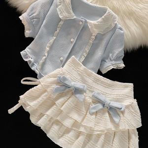 女孩洛丽塔公主套装2024女宝宝甜美娃娃领短袖开衫蛋糕裙子两件套