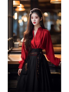 今年冬季流行漂亮新中式国风超好看红色上衣黑色马面裙两件套装女