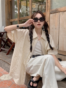 韩版宽松条纹衬衫2024夏季新款薄款ins设计感小众短袖百搭上衣女