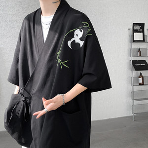 kimono开衫道袍男高级感熊猫刺绣五分袖披风夏季国潮大码男装外套