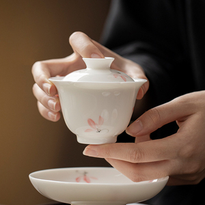 清欢丨羊脂玉瓷花口泡茶碗 釉下彩手绘兰花盖碗茶杯不烫手泡茶器