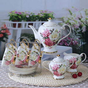 英式红白玫瑰花草茶具高档骨瓷咖啡壶杯碟礼品礼物15头下午茶具组