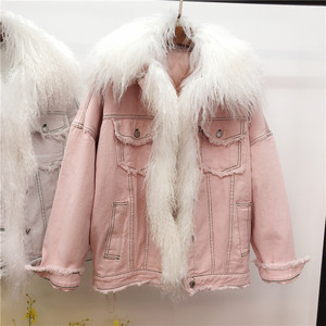 滩羊毛加棉牛仔外套中长款棉衣女后背字母做旧毛边粉色白色两件套