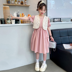 女童夏装连衣裙2024新款韩版儿童泡泡袖公主裙夏季蕾丝马甲两件套