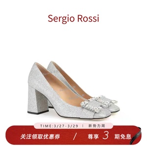 代购 SergioRossi 2022年春季sr1经典方头真皮粗跟单鞋方钻高跟鞋