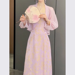 新中式中国风改良旗袍年轻款少女粉色连衣裙套装2024新款女装夏季