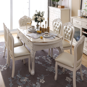 欧式餐桌椅组合大理石实木伸缩客厅圆桌小户型家用饭桌多功能