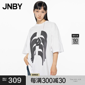 JNBY/江南布衣夏季T恤女短袖上衣宽松圆领笑脸印花棉质休闲中长款