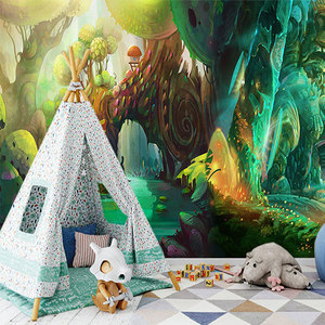 8D卡通动物森林墙纸儿童房卧室幼儿园壁画5D可爱梦幻童话世界壁纸