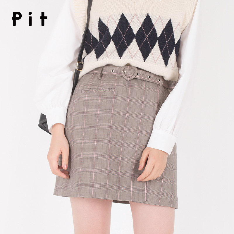 pit女装春季新款高腰短裙女格子裙a字裙半身裙女通勤复古韩版