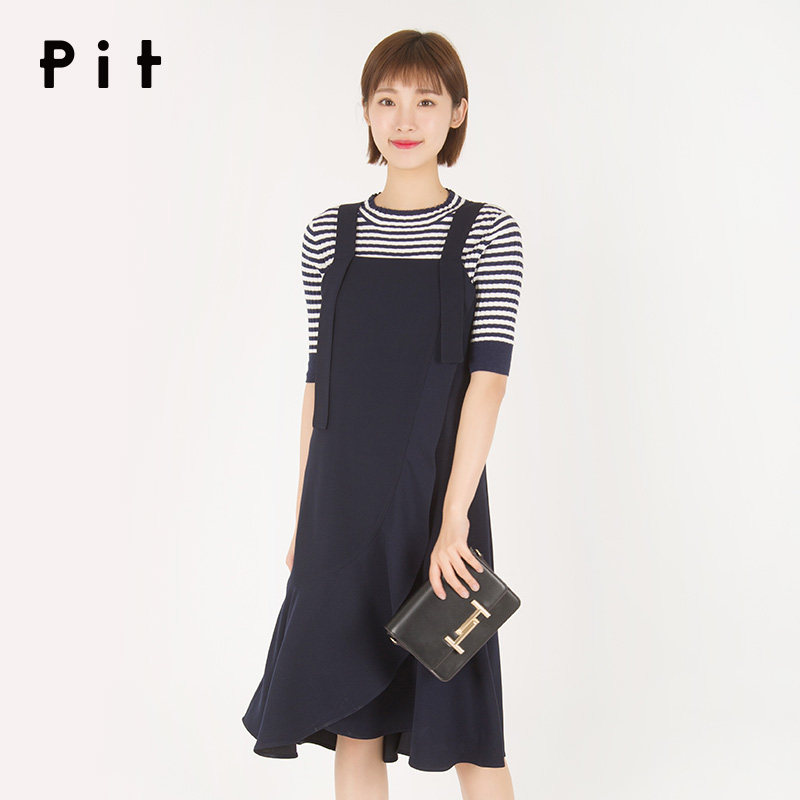 pit女装直筒英伦风套头七分袖毛针织衫条纹低圆领上衣春季新款