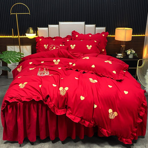 高档新婚品大红色结婚四件套全棉磨毛婚庆高端喜庆六件套床裙款式