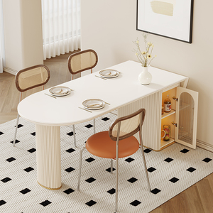 岩板岛台餐桌椅组合家用可伸缩折叠餐台一体奶油风椭圆形吃饭桌子