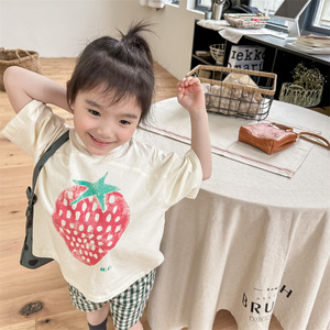 儿童t恤衫2024夏季童装新款韩版宝宝短袖螺纹领T恤女童男童打底衫
