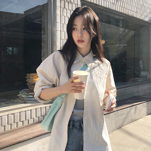 豆沙绿米色衬衫女装 韩国代购 东大门春夏新款 纯色净版长袖衬衣