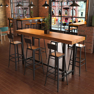 美式实木吧台桌椅组合网咖奶茶餐饮店靠墙酒吧阳台家用长条高脚桌