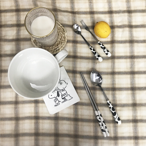 可爱卡通韩式金属不锈钢筷子汤勺奶牛纹黑白色甜品勺子叉子宿舍