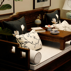 黑色绒布新中式红木沙发坐垫实木沙发垫中国风雪尼尔罗汉床五件套