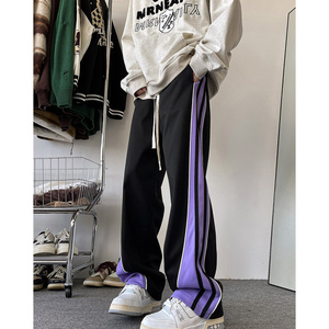 紫色条纹hiphop街舞卫裤男秋冬款美式复古拼接运动裤潮牌微喇叭裤