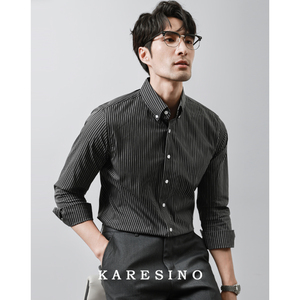 KARESINO春夏高端商务男士黑色条纹修身衬衣正装休闲免烫衬衫长袖