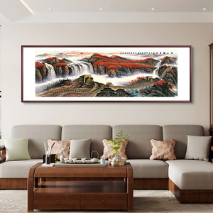实木国画新中式客厅沙发背景墙山水装饰画办公室长城万里江山挂画