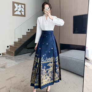 新中式国风汉服一片式蓝色马面裙半身裙女春秋织金百褶裙子两件套